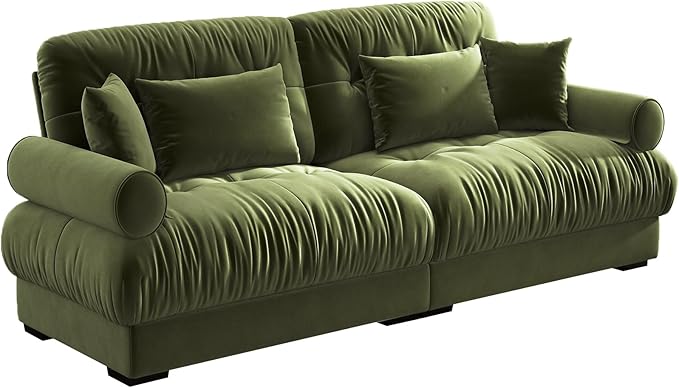 Velvet Loveseat Sofa93.7 W Oversized Fluffy Tufted 2-Seat Cloud Couch with 25.6 Seat DepthComfy Modern Deep Seat Sofa with Bolster Armrest PillowsGreen