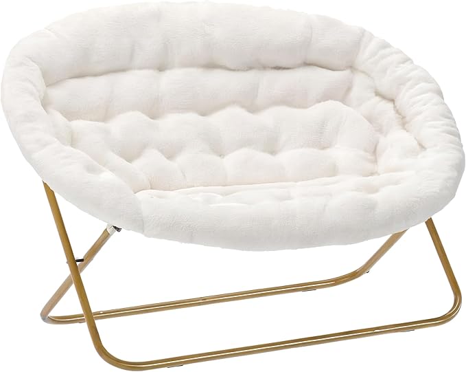 BizChair 56 Portable Folding Double Saucer Chair in Ivory Faux Shearling with a Soft Gold Steel Frame for Dorm Living Room or Bedroom