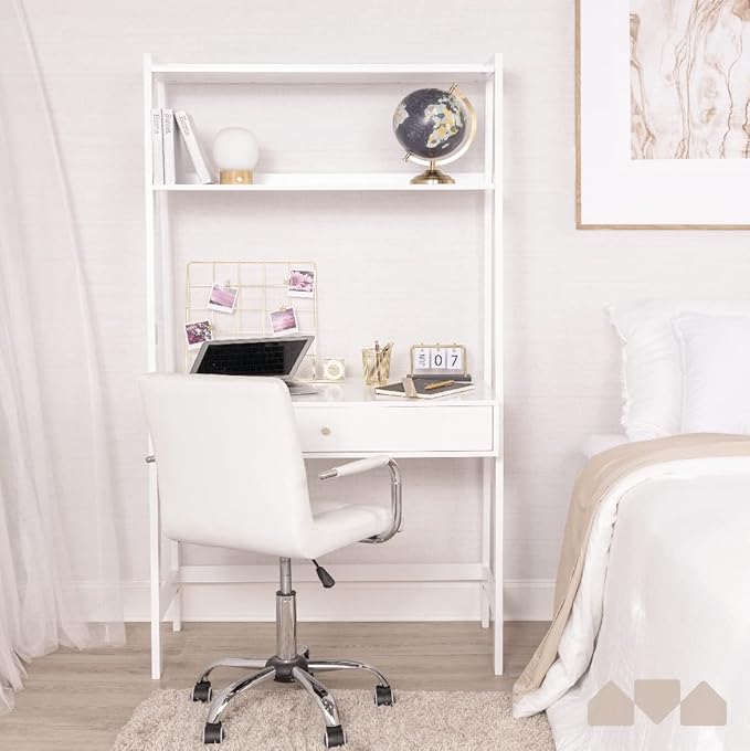 Milliard Ladder Desk with Storage Freestanding Wall Computer Desk with Drawer and Shelves White