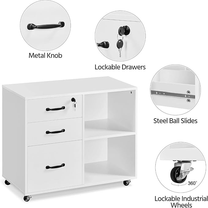 Mobile File Cabinet File Cabinet Mobile Letter Size Organization Unit Lateral Filing Printer Stand for Home and OfficeWhite(Black)