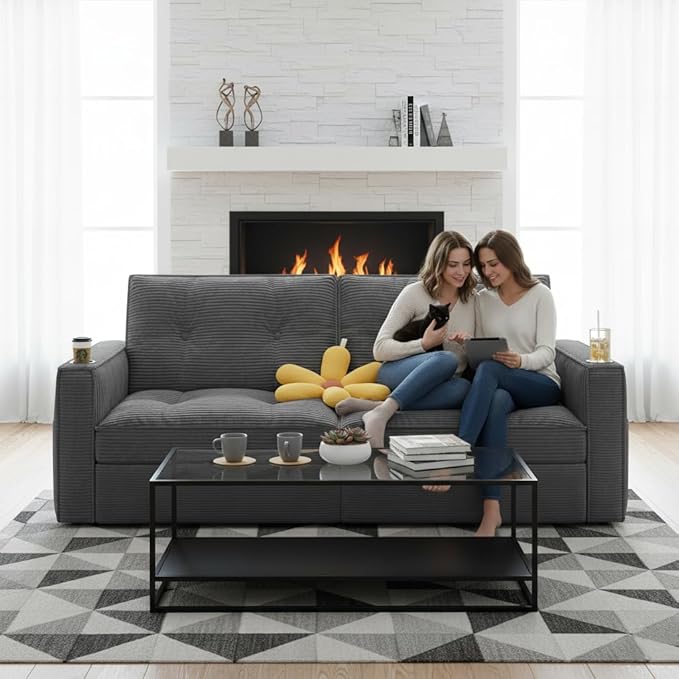 73 Queen Size Sofa Bed Loveseat Sleeper Sofa with Pull Out Bed Pockets and USB Modern 2 Seater Convertible Small Couch for Living Room Bedroom Apartment (Gray Corduroy)