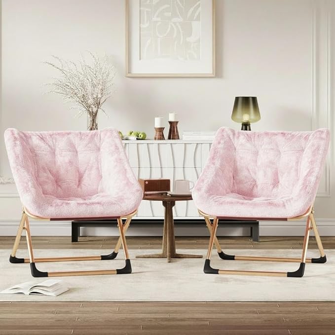 Collapsible Soft Faux Rabbit Fur Saucer Lounge Chair Comfy Lounge Lazy Chair Metal Frame Reading Chairs for Office Living Room Bedroom Small Spaces No Assembly Pink