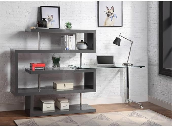 BOWERY HILL L-Shaped Glass Top Writing Desk Chrome and Gray High Gloss Finish Metal and MDF Construction 55 W x 24 D x 54 H 4 Shelves Swivel Function Modern Small Space Home Office Desk