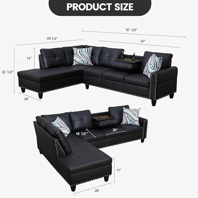 L Shape Sectional Couch with Chaise 97.5 Inch Modular Sofa with Cup Holders Sectional Couches for Living Room Ergonomic Reclined Backrest for Office and Small Apartment Black