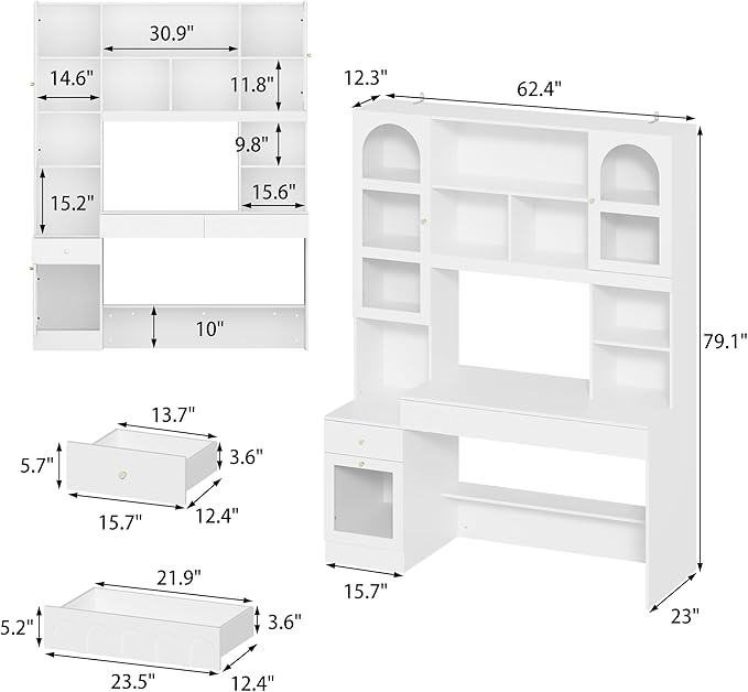 WOODTIME Home Office Computer Desk with Arch Glass Doors Drawers &amp 13 Shelves Modern Wooden Study Writing Gaming Table Workstation White