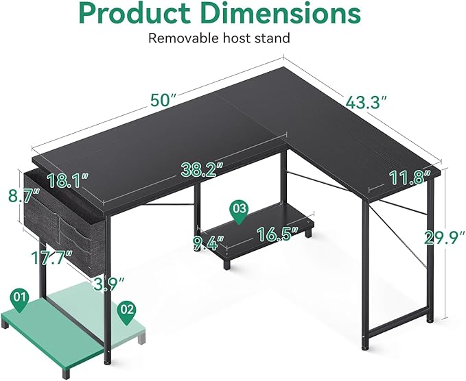 AODK L Shaped Desk 50 Inch Computer Desk with Storage Bag Reversible Home Office Desk with Host Stand Black Corner Table for Bedroom Studio Modern Wood PC Desk for Study Work