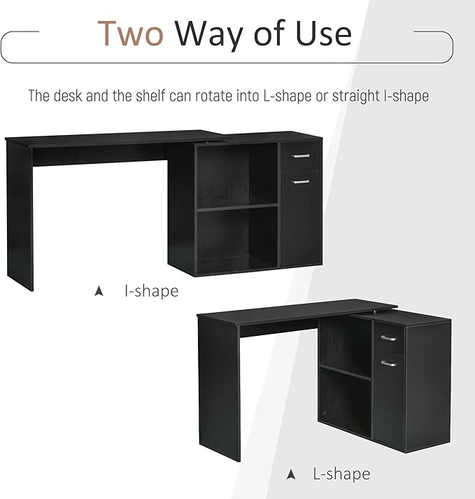 HOMCOM L Shaped Computer Desk 180° Rotating Corner Desk with Storage Shelves Drawer and Cabinet Study Workstation for Home Office Black