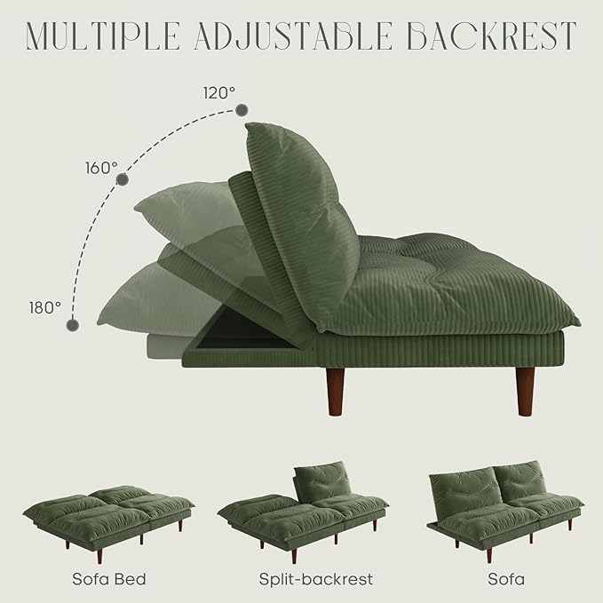 Futon Sofa Bed 69 inch Futon Couch with Adjustable Backrest Corduroy Convertible Sleeper Sofa Bed Folding Sleeper Recliner for Apartment Living Room Office Green