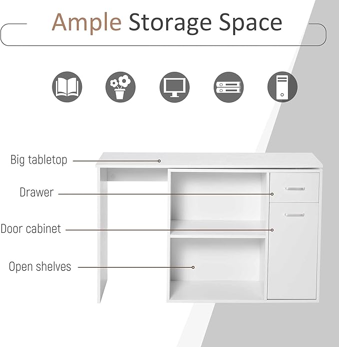 Office Desk L Shaped Computer Desk 180° Rotating Corner Desk with Storage Shelves Drawer and Cabinet Study Workstation for Home Office (White)