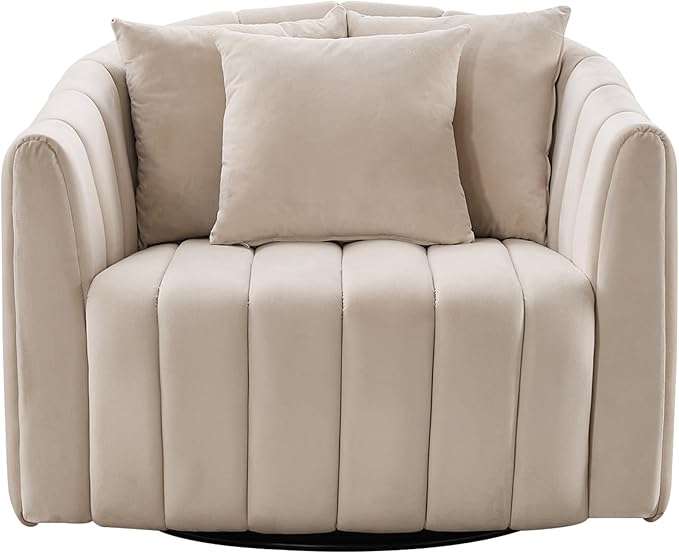 Modern Accent Chair with 3 PillowsBeige Swivel Barrel Chairs for Living RoomOversized Barrel Chair 360 (Beige + Velvet)