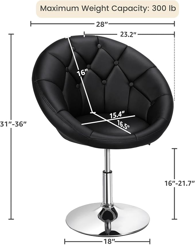 Yaheetech Adjustable Vanity Chair with Round Tufted Back Swivel Leather Salon Chair for Bedroom Living Room Office Black