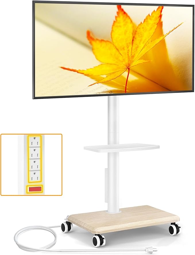 5Rcom Rolling TV Stand with Power Outlet for 32-60 inch TVs Swivel and Height Adjustable Mobile TV Stand with Shelf Strong TV Cart on Wheels up to 88 lbs for Living Room Bedroom and Office White