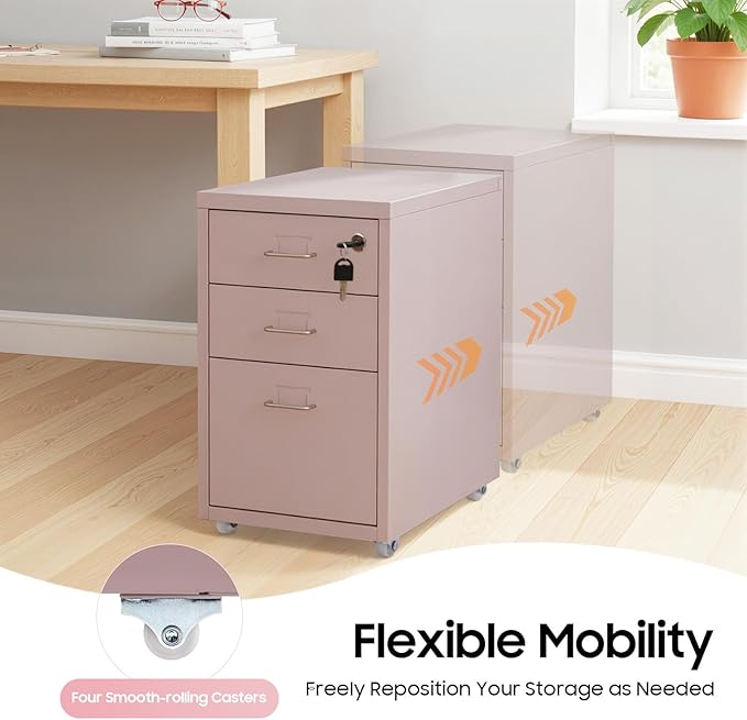 3 Drawer Mobile File Cabinet with Lock Metal Filing Storage Vertical Cabinets for Secure Office Storage Home Organization and Classroom Use Mobile Filing Drawer for Students and Professionals