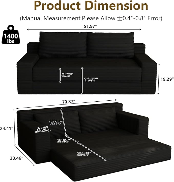 70.78 Loveseat Sofa Modern Small Corduroy Couch Comfy Deep Seat for Living Room Bedroom Apartment Home Office No Assembly Black