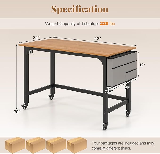 Giantex 8FT Conference Table 4 PCS 48 Rectangular Mobile Meeting Room Desk w/Removable Storage Bag &amp 2 Hanging Hooks Rolling Modern Seminar Boardroom Table for Office Conference Room Natural