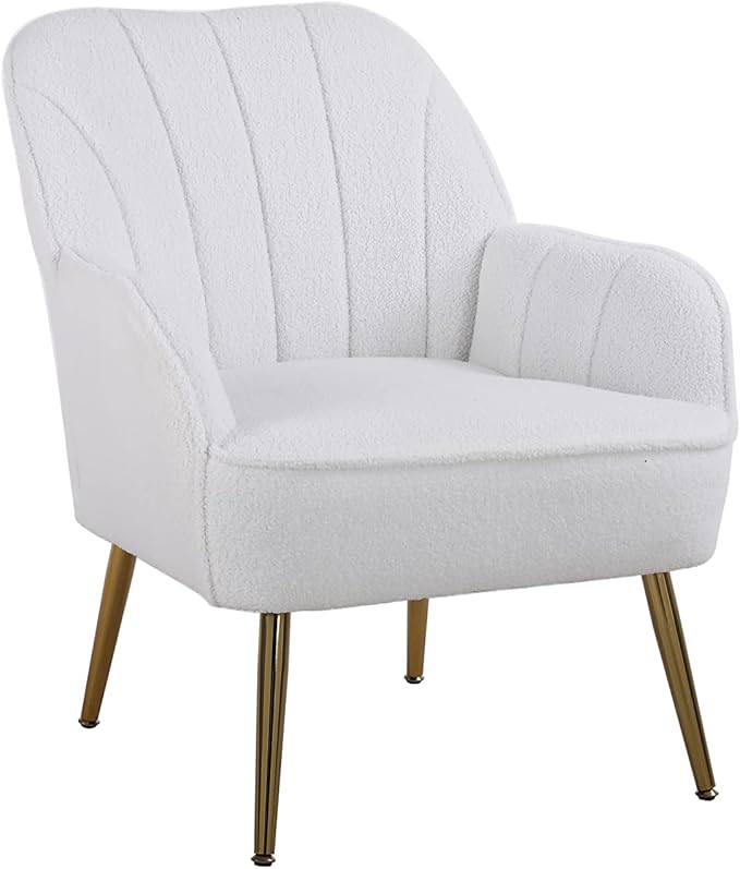 Modern Soft White Teddy Fabric Ivory Ergonomics Accent Chair Living Room Chair Bedroom Chair Home Chair with Gold Legs and Adjustable Legs for Indoor Home