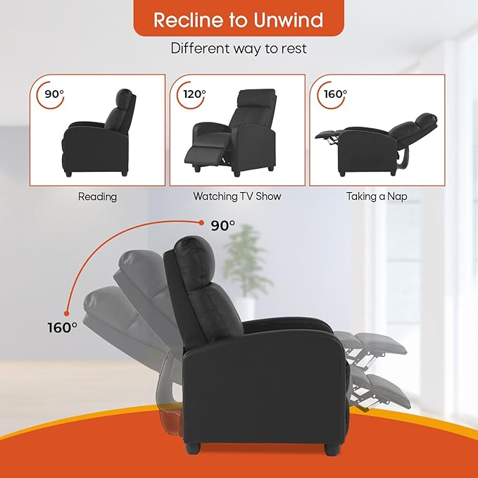 Recliner Chair PU Leather Recliner Sofa Home Theater Seating with Lumbar Support Overstuffed High-Density Sponge Push Back Recliners Armchair for Living RoomBlack
