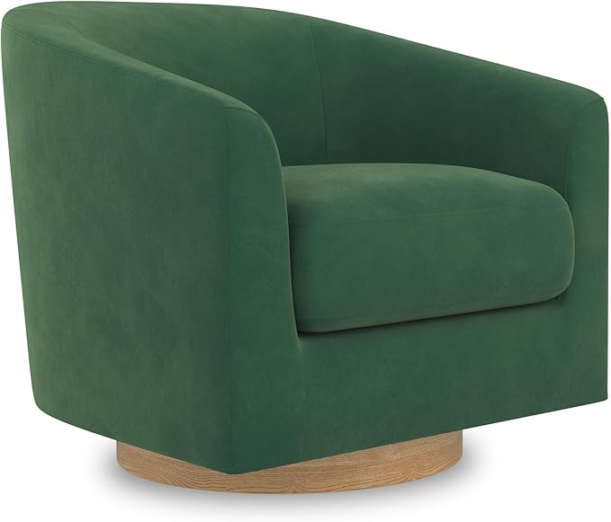 Swivel Barrel Accent Chair with Solid Wood Base Round Velvet Living Room Arm Chairs Modern Upholstered Comfty Reading Nook Chairs for Bedroom Club Armchair Single Sofa Side Chair Green
