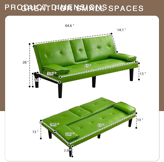 67 Futon Sofa BedConvertible Sofa Bed with 2 Cup HoldersSleeper Couch PVC Leather Removable Soft Armrest Small Couch for Living Room Apartments ﻿ (Green)