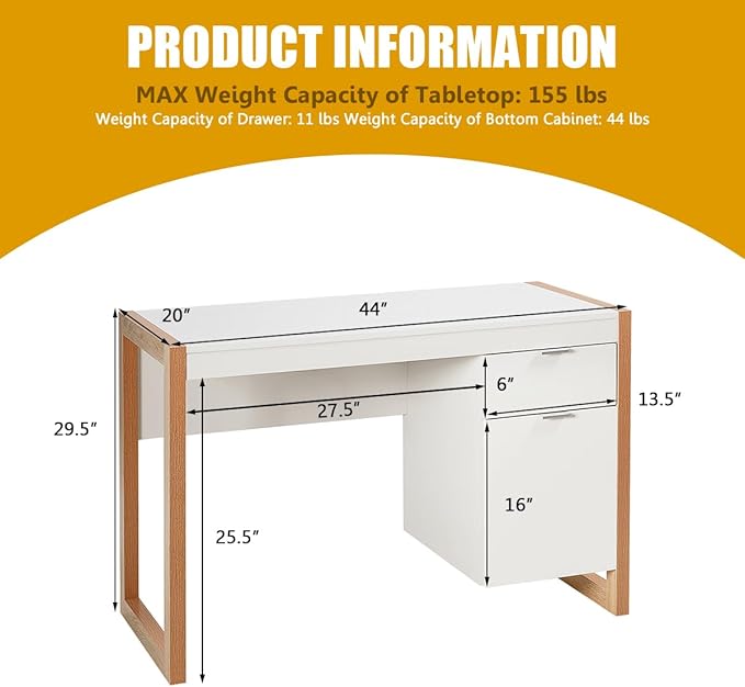 Tangkula Wooden Home Office Desk with Drawer &amp Cabinet PC Laptop Workstation Study Writing Desk Ideal for Bedroom Home Office (White &amp Natural)