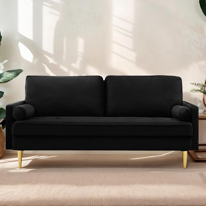 65 Love Seat Sofa Velvet Small Sofa Small Couch for Bedroom Living Room Bedroom Loveseat with 2 Pillows Gold Legs Modern Tufted Seat Upholstered Seating for Office Apartment (Black)