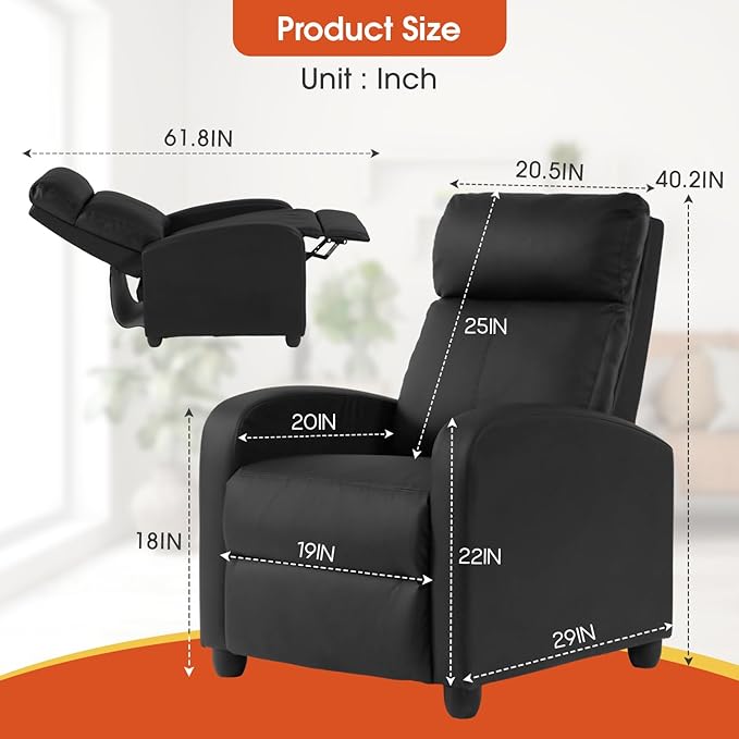 Recliner Chair PU Leather Recliner Sofa Home Theater Seating with Lumbar Support Overstuffed High-Density Sponge Push Back Recliners Armchair for Living RoomBlack