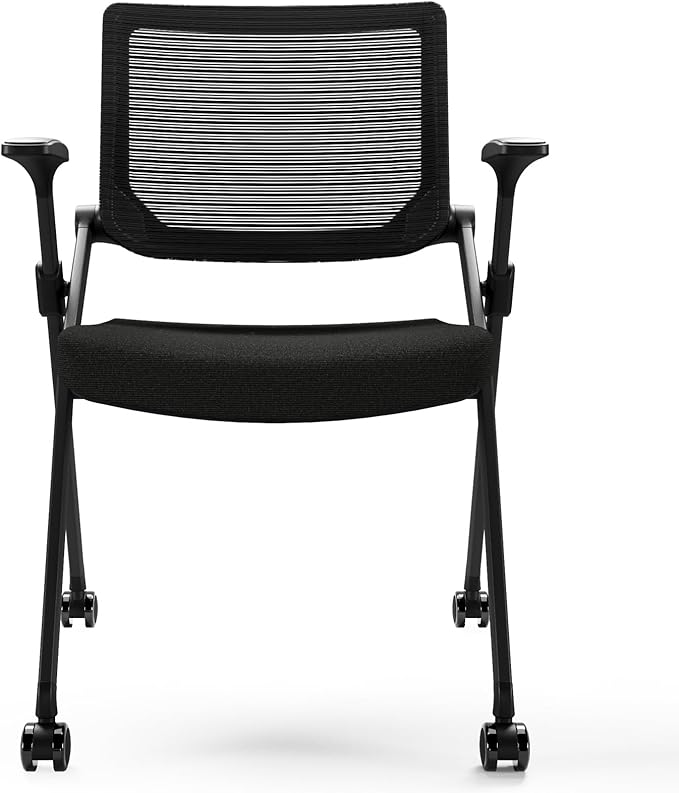 FYLICA Foldable Office Chair Set of 2 with PU Wheels Ergonomic Mesh Bouncing Back Stackable Conference Room Chair Office Guest &amp Reception &amp Meeting Chair (Black)