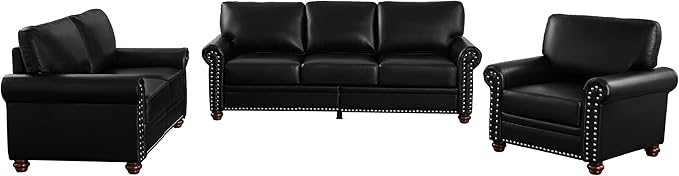 Harper &amp Bright Designs 3-Piece Sofa Sets with Storage Space &amp Wood Legs Sectional Living Room Sets Faux Leather Couches Sets with 3-Seat Sofa Loveseat and Sofa Chair for Living Room (Black)