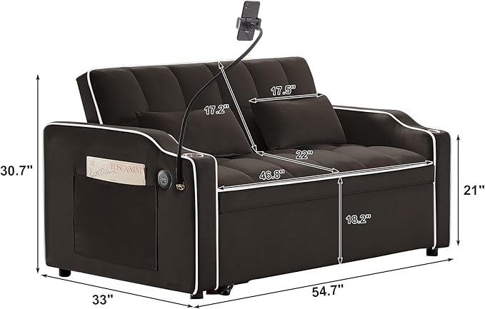 3-in-1 Convertible Loveseat Sleeper Sofa with Cup Holders &amp Phone Holder Futon Couch with Pull Out Bed and Adjustable Backrest Modern Velvet Chaise Lounge for Living Room Bedroom (Brown 54.7)