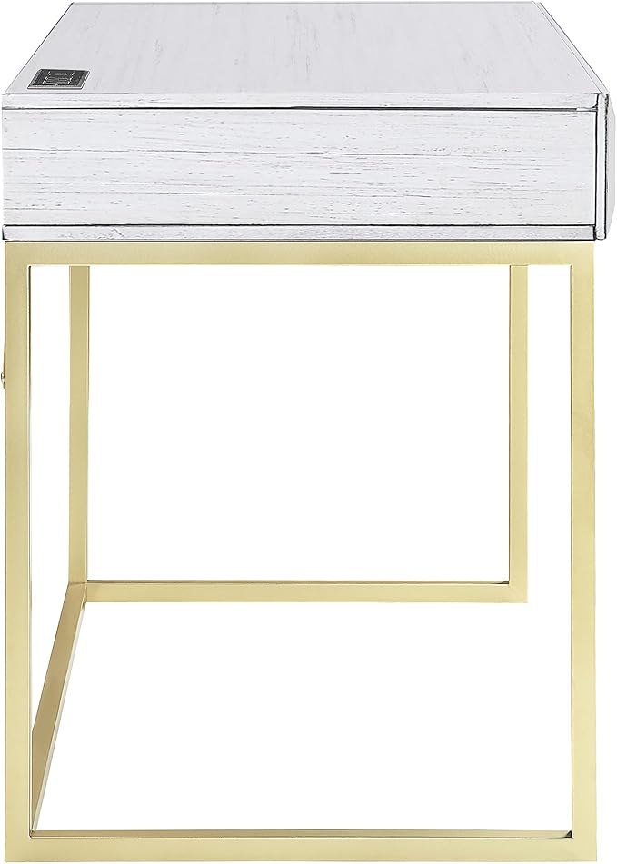 24/7 Shop at Home Bellevue Modern Metal 1 Drawer Writing Desk with USB Port Power Outlet for Workstation Home Office Study Room Antique White and Gold