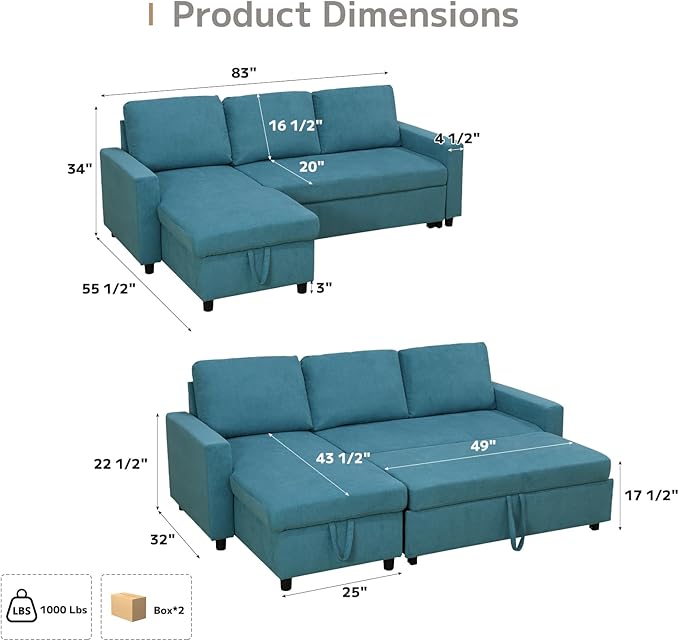 L-Shaped Sleeper Sofa with Chaise Lounge &amp Storage Pull-Out Couch Bed with Recliner Full Size Futon for Living Room Office Apartment Teal
