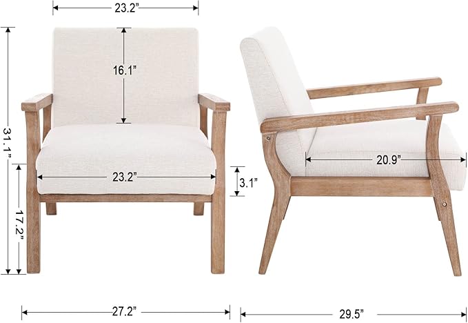 Wahson Comfy Living Room Chairs Linen Upholstered Accent Chairs Farmhouse Armchairs with Natural Wood Frame Oversized Decorative Chair for Bedroom Beige