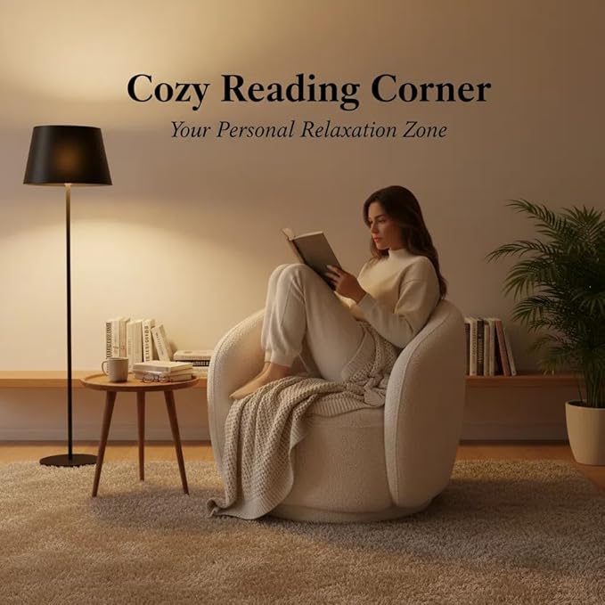 Boucle Swivel Barrel Chair Swivel Accent Chair 360° Base Oversized Round Chair with Thick Foam No-Assembly Single Sofa Chair for Living Room &amp Bedroom Modern White Boucle Accent Chair