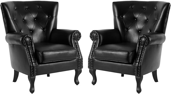 MOJAY PU Leather Accent Chair Set of 2 Modern Armchair Living Room Chair Upholstered Club Chair with Rivet Trim Mid-Century Sofa Chair with Sturdy Wood Legs for Bedroom (Black)