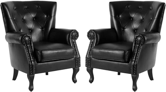 MOJAY PU Leather Accent Chair Set of 2 Modern Armchair Living Room Chair Upholstered Club Chair with Rivet Trim Mid-Century Sofa Chair with Sturdy Wood Legs for Bedroom (Black)