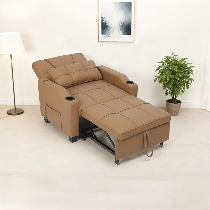 Sleeper Chair Pull Out Bed 4 in 1 Convertible Sofa Chair Bed with Vibration Massage Lumbar Pillow Single Sofa Recliner with USB/Type-C Port Cup Holders and Side Pocket for Small Spaces (Brown)