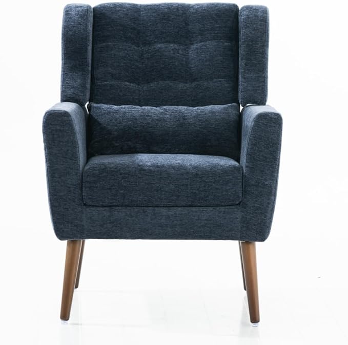 Modern Accent ChairChenille Arm Chairs for Living RoomUpholstered Mordern ArmchairComfy Soft Padded Lounge Chair in Small Space Bedroom w/Pillow Solid Wood Leg (Dark Blue + Chenille)