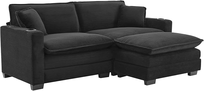 KIVENJAJA Corduroy Cloud Sectional Couch Modular Oversized Loveseat Sofa with Ottoman Cup Holders &amp USB Port Comfy 2 Seater Love Seat for Living Room Small Space 82.7”W Black