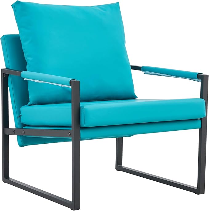 Upholstered Armchair Modern Accent PU Leather Chair Living Room Chairs with Golden Metal Legs and Soft Padded Sofa Chairs for Home Office/Bedroom/Dining Room Cyan