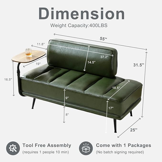 55 Faux Leather Upholstered Sofa Entryway Ottoman Modern End of Bed Bench with Side Table 360-degree Swivel Tray Couch Window Bench with Metal Legs for Bedroom Living Room (Green)