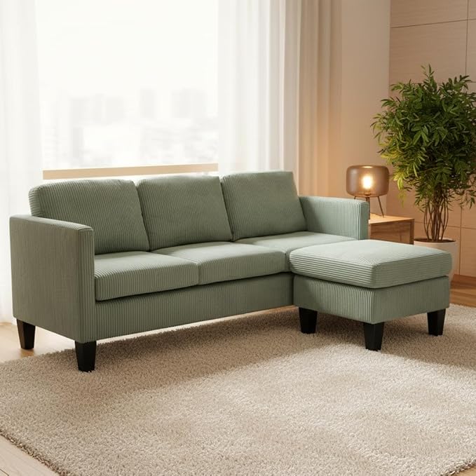 Modern L-Shaped Sofa with Corduroy Fabric 3-Seater Sectional Couch for Small Space Space-Saving Design Easy Assembly (Green)
