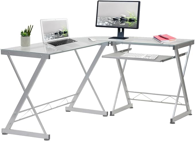 L-Shaped Writing Desk Computer Desk with Clear Tempered Glass Top Reversible Corner Design Pull-Out Keyboard Tray Scratch-Resistant Steel Frame for Home Office or Study