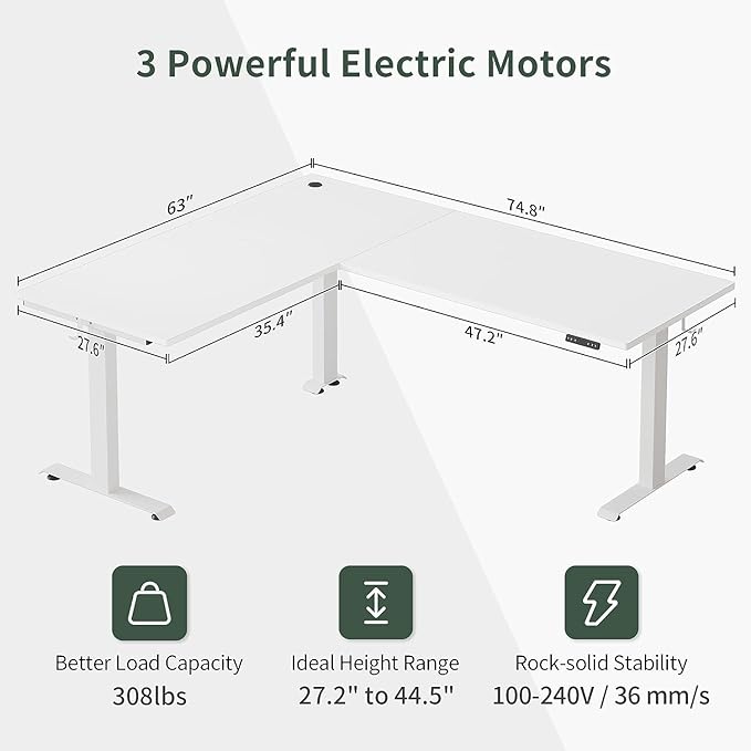 BANTI Triple Motor 75 L Shaped Standing Desk Height Adjustable Electric Stand up Corner Desk Sit Stand Home Office Desk Computer Workstation with Memory Preset White Top