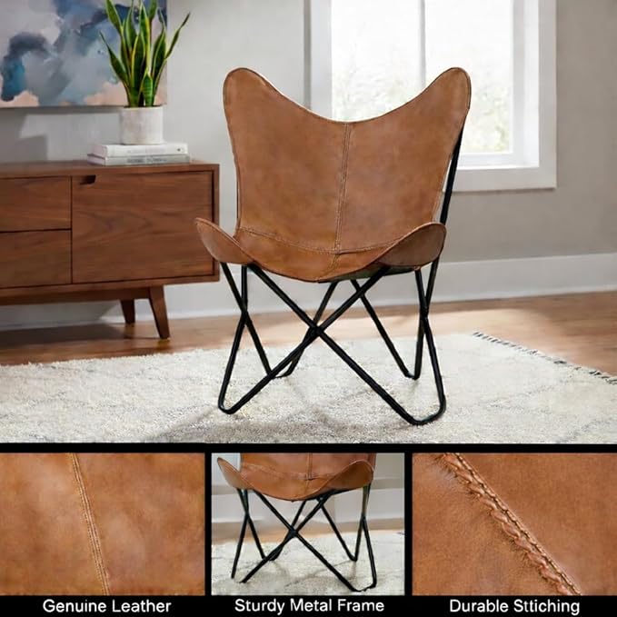 Shy Shy Let’s Touch The Sky Butterfly Chair - Tan Leather Living Room Chair with Black Metal Base (Iron Frame with Tan Cover)