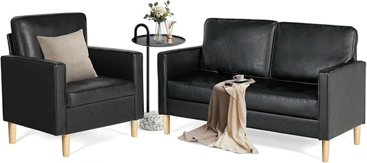 AILEEKISS Mid-Century Sectional Sofa Set for Living Room Faux Leather Office 2 Pcs Couch Set with Armrest Modern Upholstered Loveseat Couches (1-Seater+2-Seater Black)