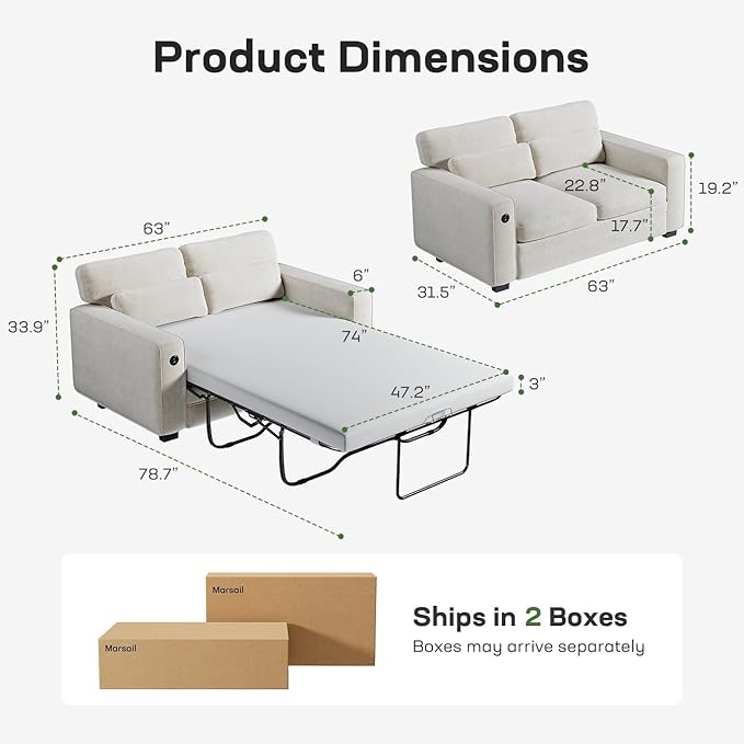 Marsail Pull Out Sofa Bed Full Size Sleeper Sofa with Memory Foam Mattress 2 USB Charging and Removable Covers Loveseat for Living Room Apartment Supports 600 LBS Chenille Fabric White