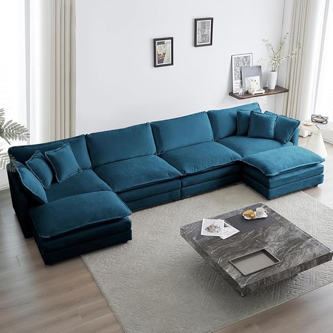146.5 Sectional Sofa for Living Room Modular U Shaped Sectional Sofa with Reversible Ottoman and Pillows Free Combination Modular Sofa for Living RoomBlue