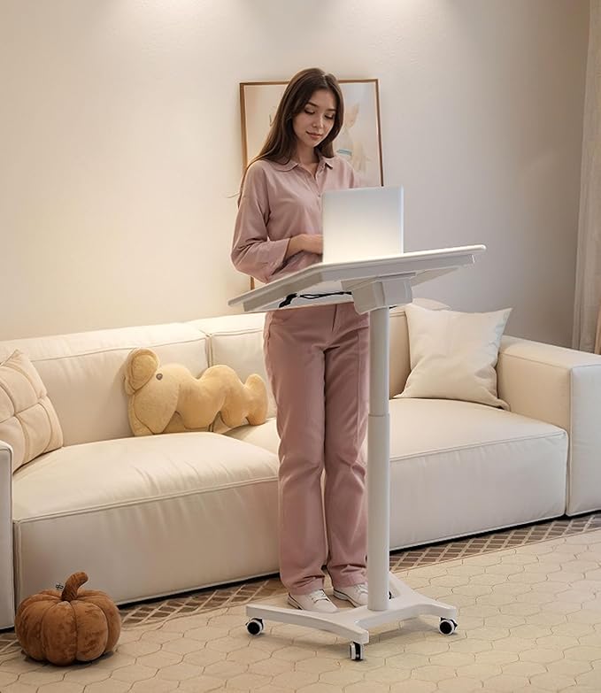 Soild Wood Mobile Folding Standing DeskHeight Adjustable Rolling Laptop TableSpace-Saving Portable Sit-Stand Desk 90° Tiltable Desktop PC Table with Wheels Home Office and Bedroom