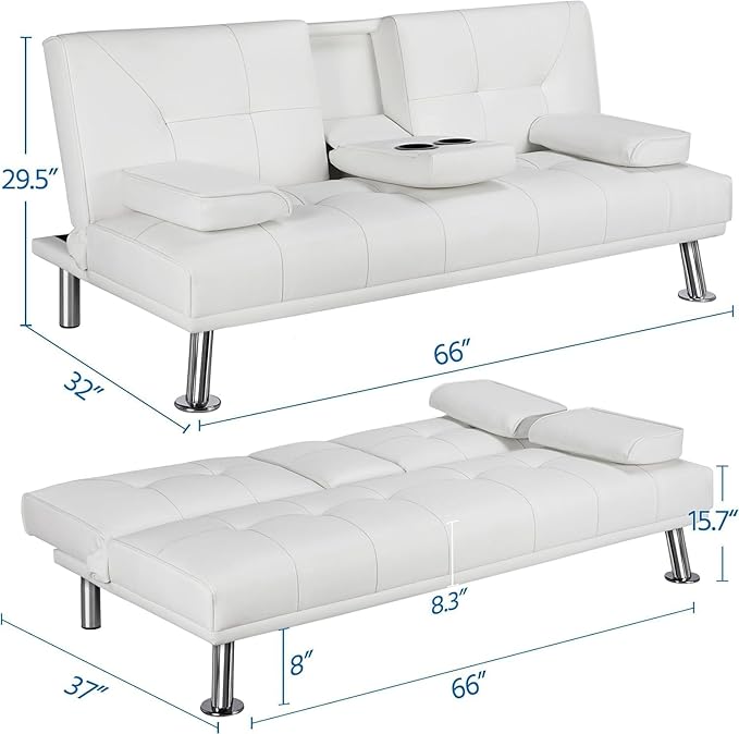 Modern Futon Sofa Bed 67 Inch Leather Convertible Futon Couch Loveseat Sleeper for Small SpacesComfy Folding Recliner Couches for Living Room Adjustable Backrest2 Cup HoldersMetal Legs (WHITE)