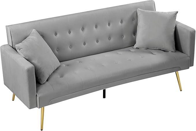 Anwick 72 Modern Velvet Sofa Bed FutonConvertible Folding Sleeper Bed Couches with 3 Adjustable BackrestsTufted Recliner Loveseat with Golden Chrome Legs for Small Living Room Office (Grey)
